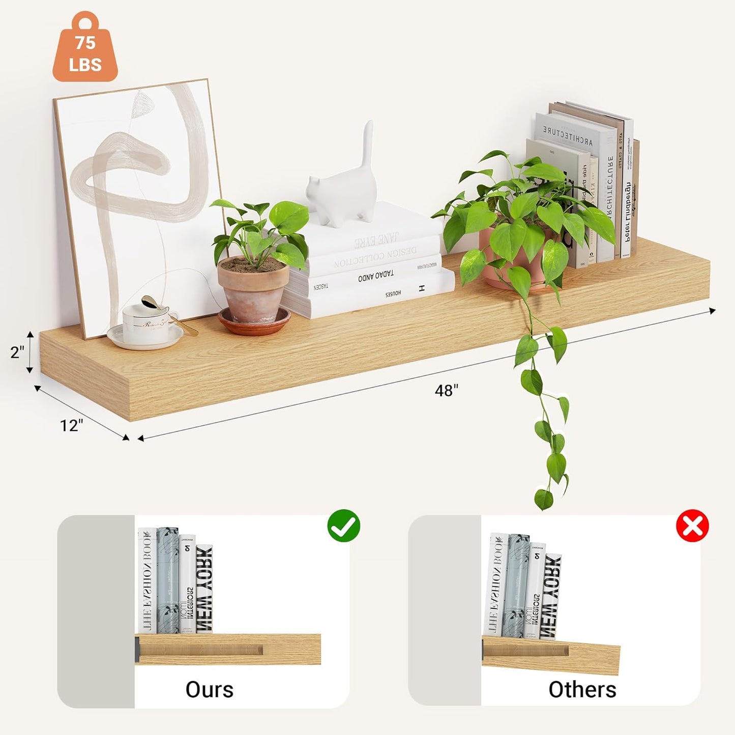 Heimlove 12 Inch Deep Floating Shelves, 48 x 12 inches Long Wall Shelf, Large Display Shelf & Storage Shelf, Rustic Wood Wall Shelves for Fireplace Mantel, Set of 1(Oak)