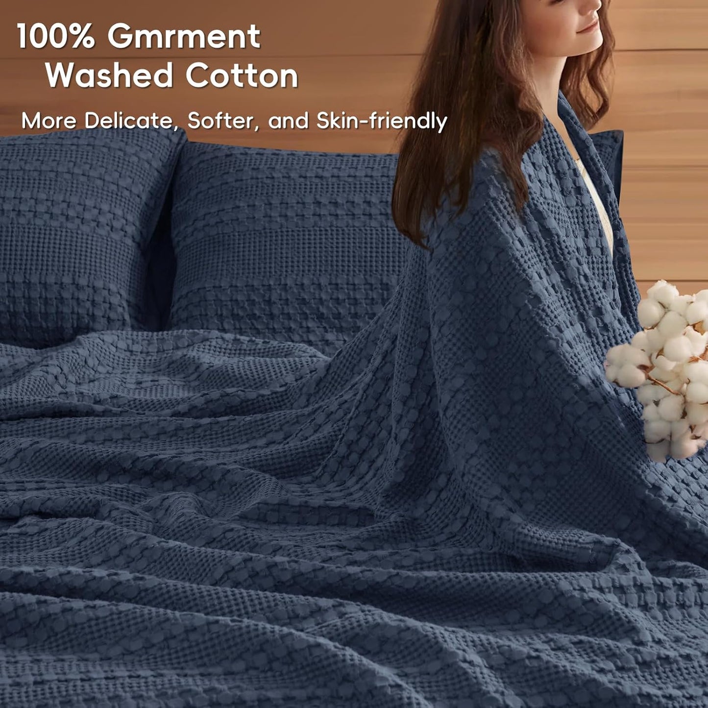 PHF 100% Cotton Waffle Blanket Oversized King 120"x120", Lightweight Breathable Extra Large 10'x10' Summer Blankets for Bed, Giant Big Luxury Aesthetic Woven Bedding for Home Decor, Dark Navy