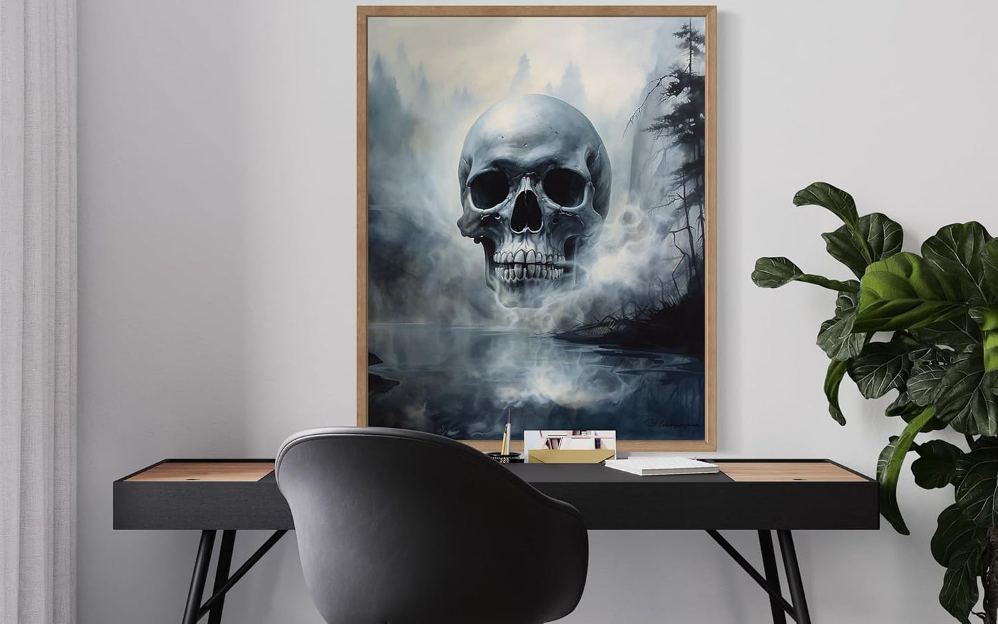 Foggy Skull Poster Art Print, Halloween Scary Vintage Wall Art Academia Spooky Painting Decoration for Horror Prints, Gothic Posters Bedroom Decor 89 (Foggy Skull, 11 x 14 inches, Wood Frame)