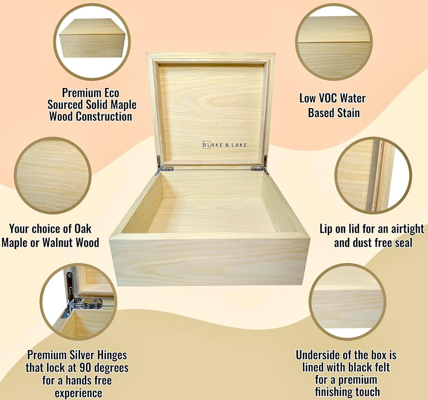 Blake & Lake Wooden Box with Hinged Lid - Solid Maple Wood Eco Box - Wood Storage Box with Lid - Wooden Keepsake Box - Decorative wooden boxes with lids (Maple)