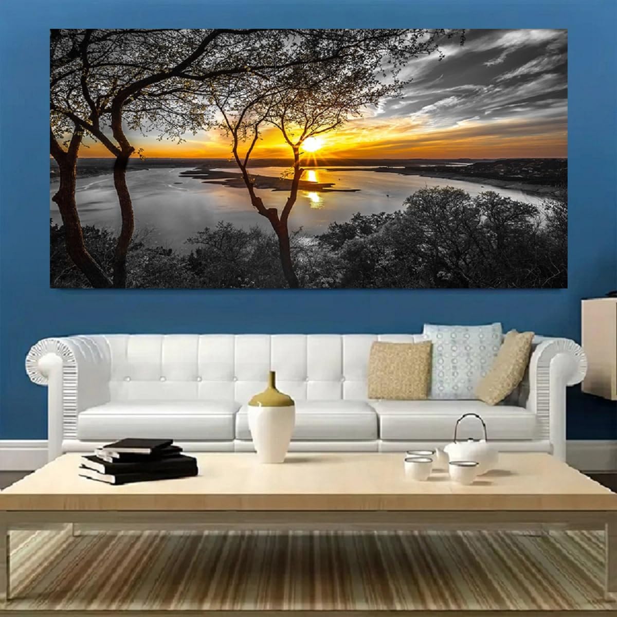 Bamdeya Black and White Canvas Wall Art Bedroom large Lake Tree Print Art Forest Gold Sunset Poster Picture Natural Scenery Wall Decor Living Room Landscape Painting Office Home Decorations Framed