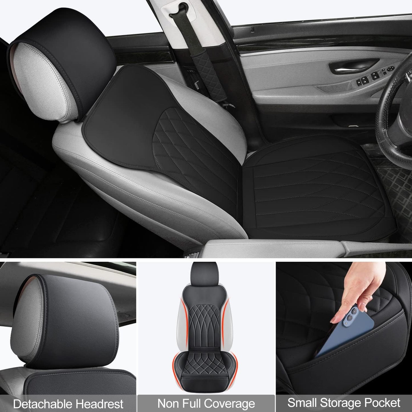 1 Pack Leather Front Car Seat Cover, Universal Sideless Car Seat Protector with Storage Pocket and Seat Belt Pad, Waterproof Automotive Seat Cover Cars Trucks SUV(Black)