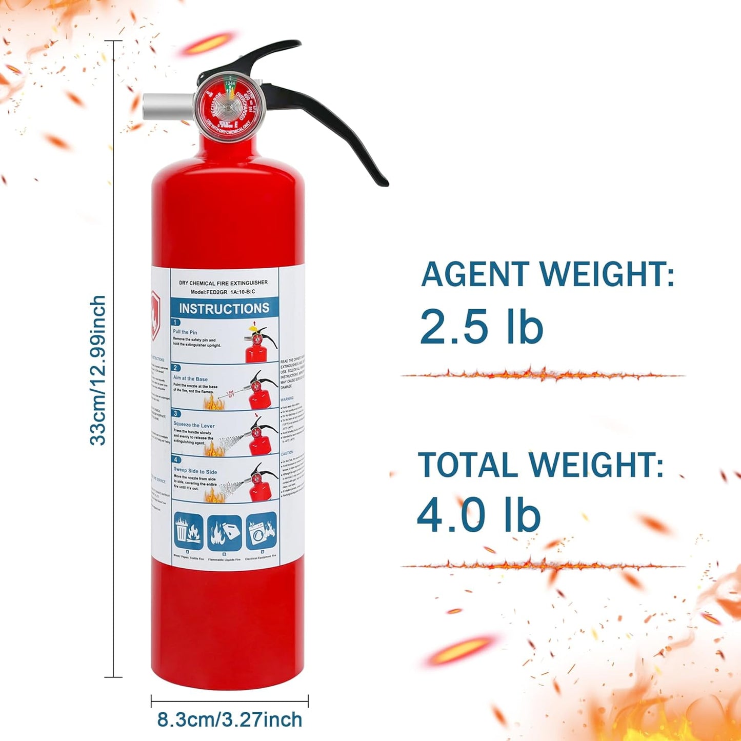 1 Pack Dry Chemical Fire Extinguisher 2.5 lb ABC, Home, Car, Boat Use, 1A:10B:C Rating, Quick Release Handle, Easy to store and Carry Dry Powder Extinguisher