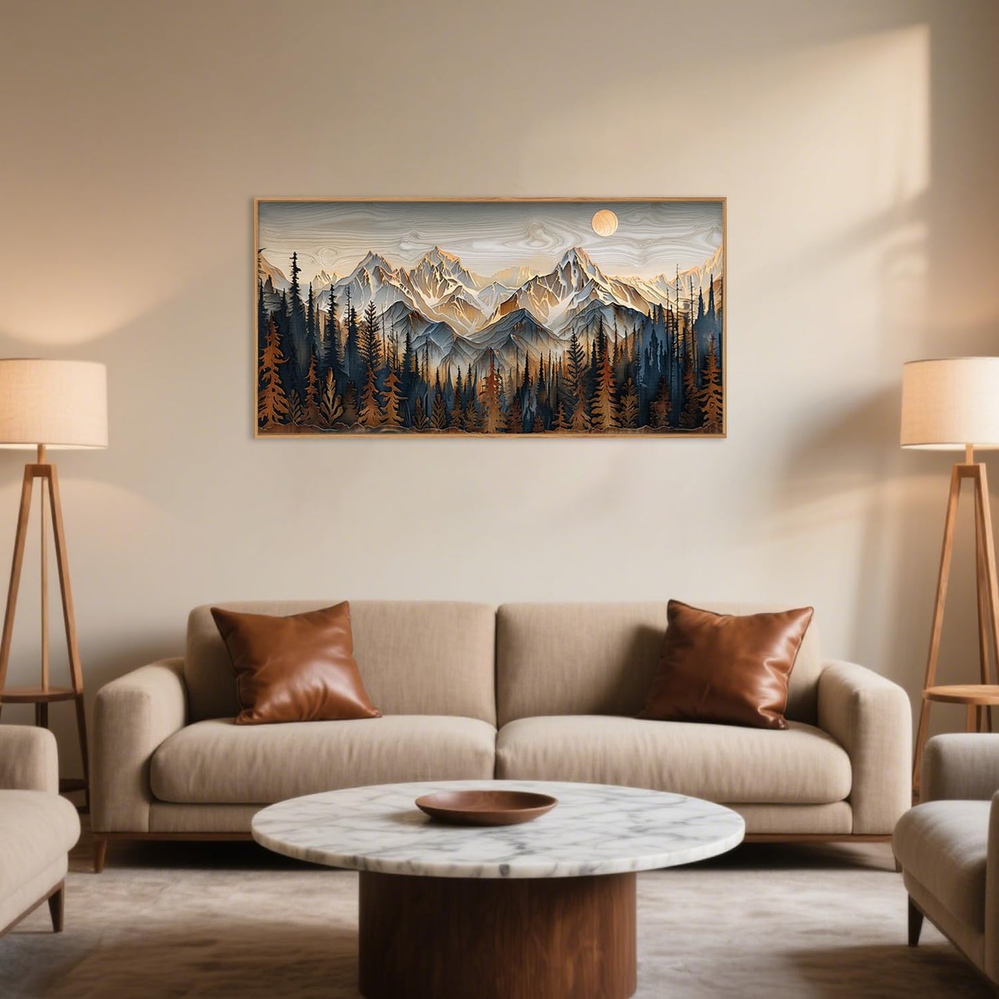 Celestdeco Wood Mountain Framed Canvas Wall Art Set, Pine Trees Wall Painting, Ridge Scenery Wall Decor, Natural Sun Landscape Art Print for Living Room, Bedroom, Dining Room, Office - 20"x40"x1