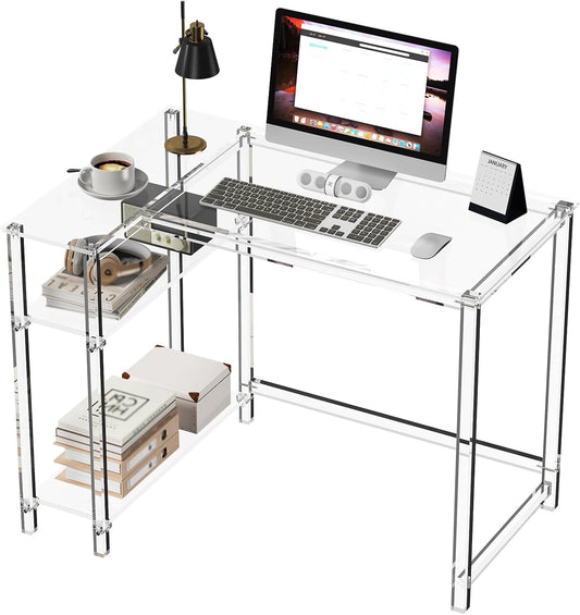 Eglaf Acrylic L-Shaped Desk - Clear Desk with Reversible Storage Shelves - Modern Home Office Desk Corner Desk for Study, Writing, Rectangular Legs, Easy Assembly, 39.4" L x 27''W x 29.5" H