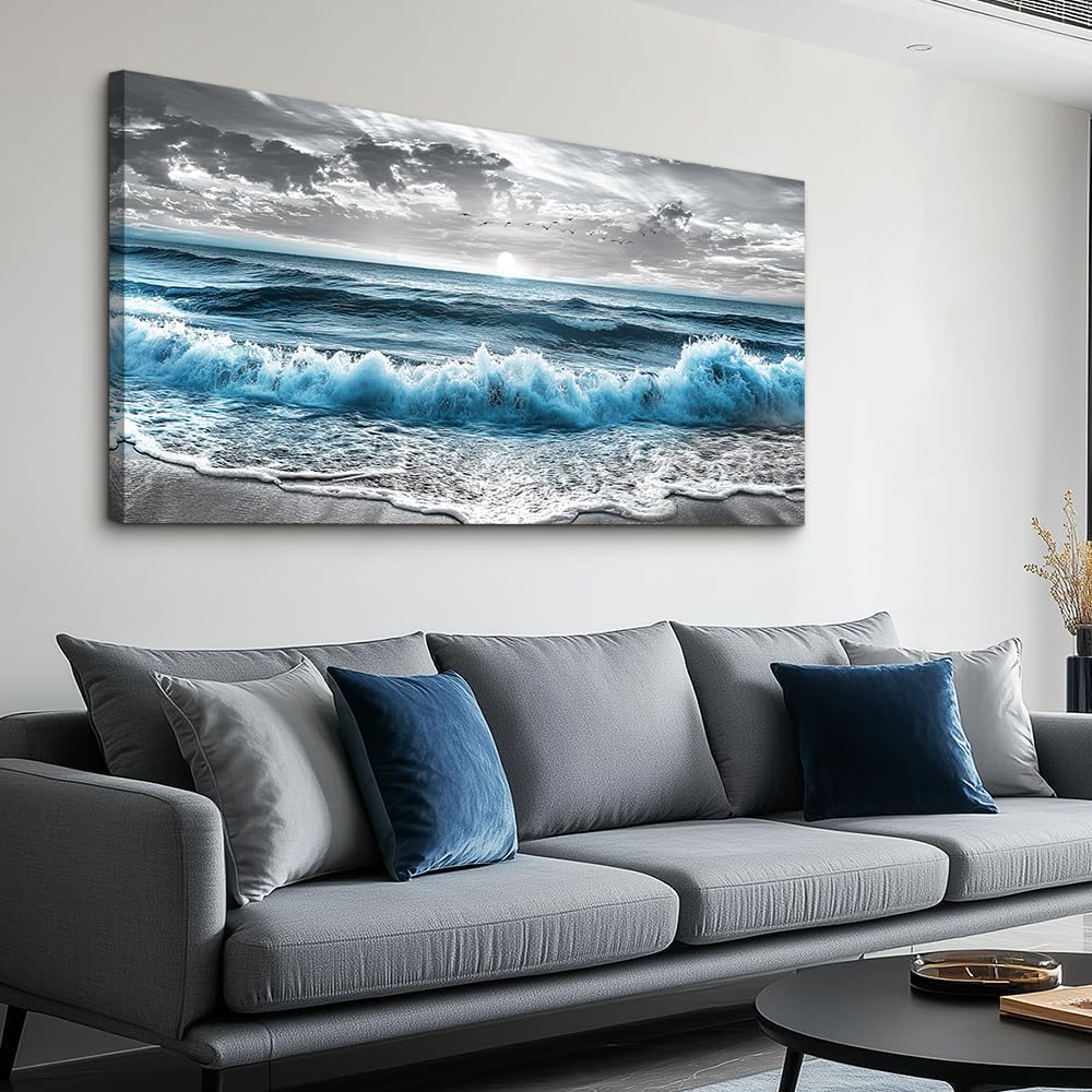 ZUITINGHUA Canvas Wall Art For Living Room Large Wall Decor For Office Bedroom Decorations Sea Wave Landscape Pictures Black And White Painting Artwork Room Wall Mural Aesthetic Home Decor 30x60 In