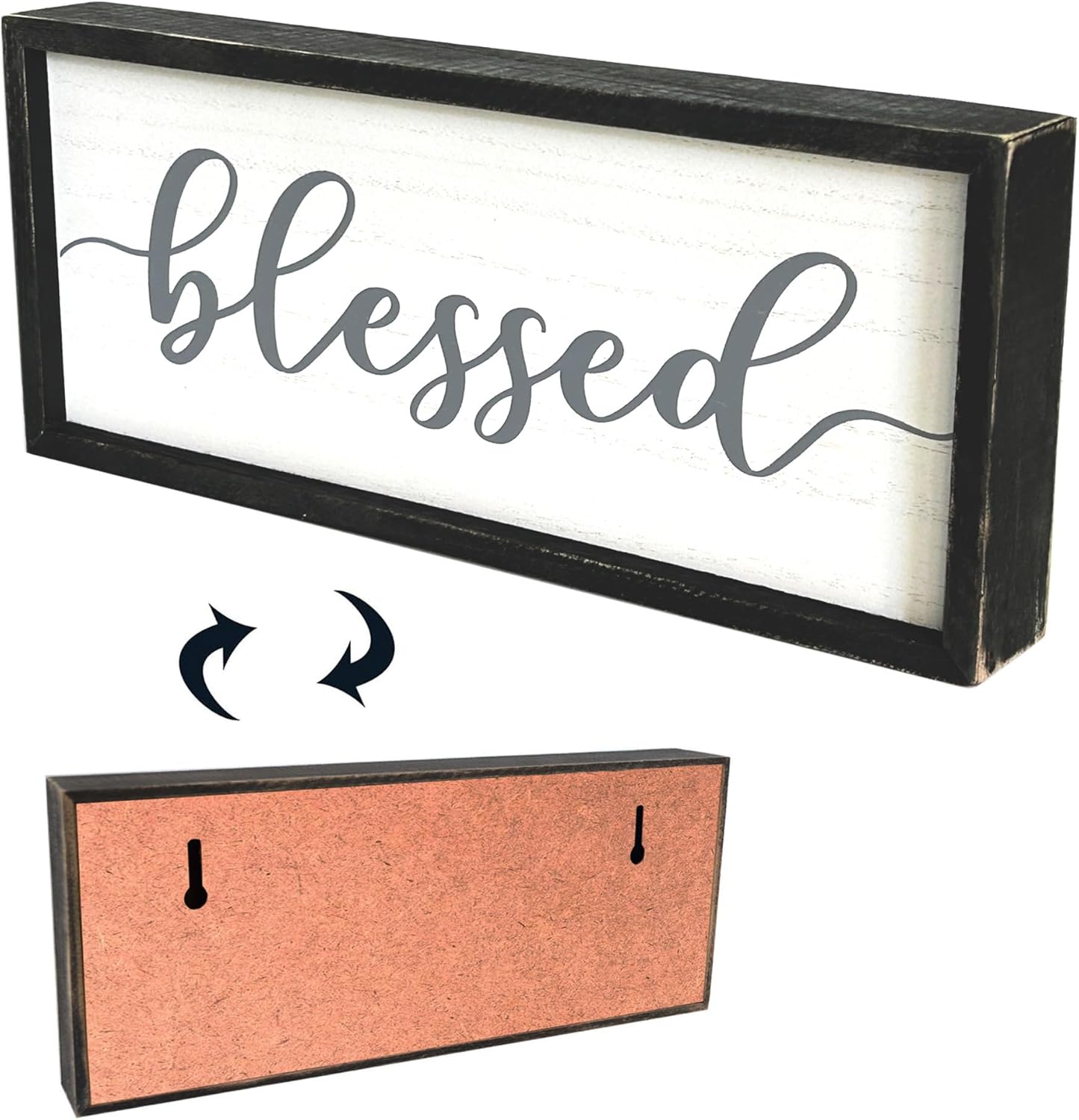 Rustic Blessed Freestanding Sign Home Decor for Living Room - Farmhouse Framed Blessed Wall Art Solid Wood Grey 12x5 Inches