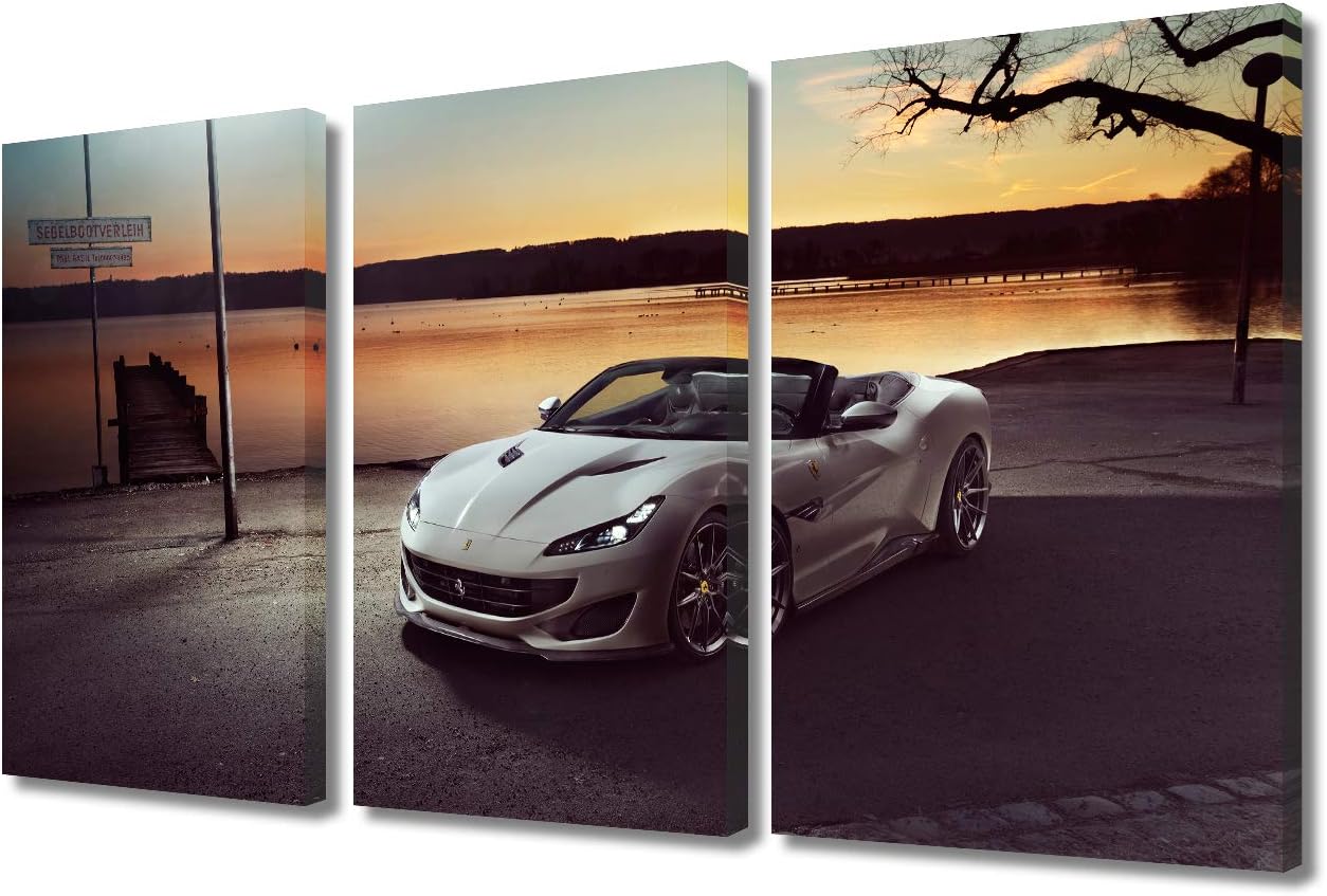 Landscape Canvas Print Wall Art Painting for Home Decor White Sports Car 3 Pieces Panel Paintings Modern Giclee Stretched and Framed Artwork the Picture for Living Room Decoration - 12 x 24 inch x 3