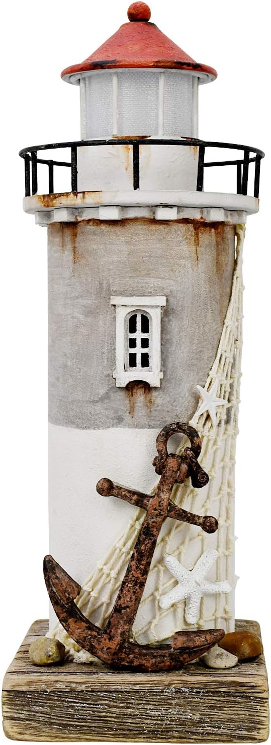 Linfevisi Wood Lighthouse Decor Rustic LED Light House Decor Wooden Decorative Nautical Lighthouse Statue Coastal Beach Themed Lighthouse Handcrafted Tabletop Decoration Home Bathroom (11.4")