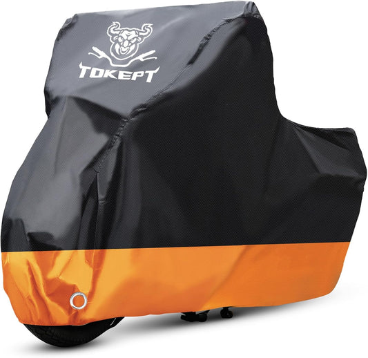 Motorcycle Cover, All-Season Waterproof Outdoor Sun Protection Fit up to 91 Inch Harley-Davidson Honda Suzuki Kawasaki Yamaha (L Black&Orange)