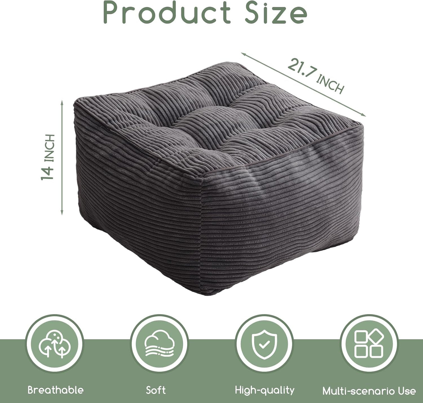 HIGOGOGO Square Stuffed Pouf Ottoman, Corduroy Poufs with Foam Chunk Filling, Furry and Fluffy Pouf Foot Stool Storage Ottoman, 21 X 21 Floor Poufs Foot Rest for Living Room, Dark Grey