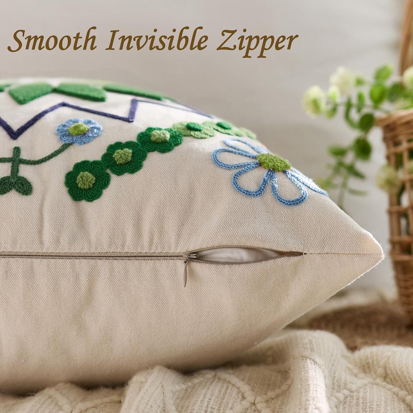 Embroidered Throw Pillow Cover 18x18 Classic Boho Floral Pattern Pillows Cover Outdoor Decorative Pillowcase,Durable Cozy Textured Cushion Case for Sofa Couch Bed Living Room,Green
