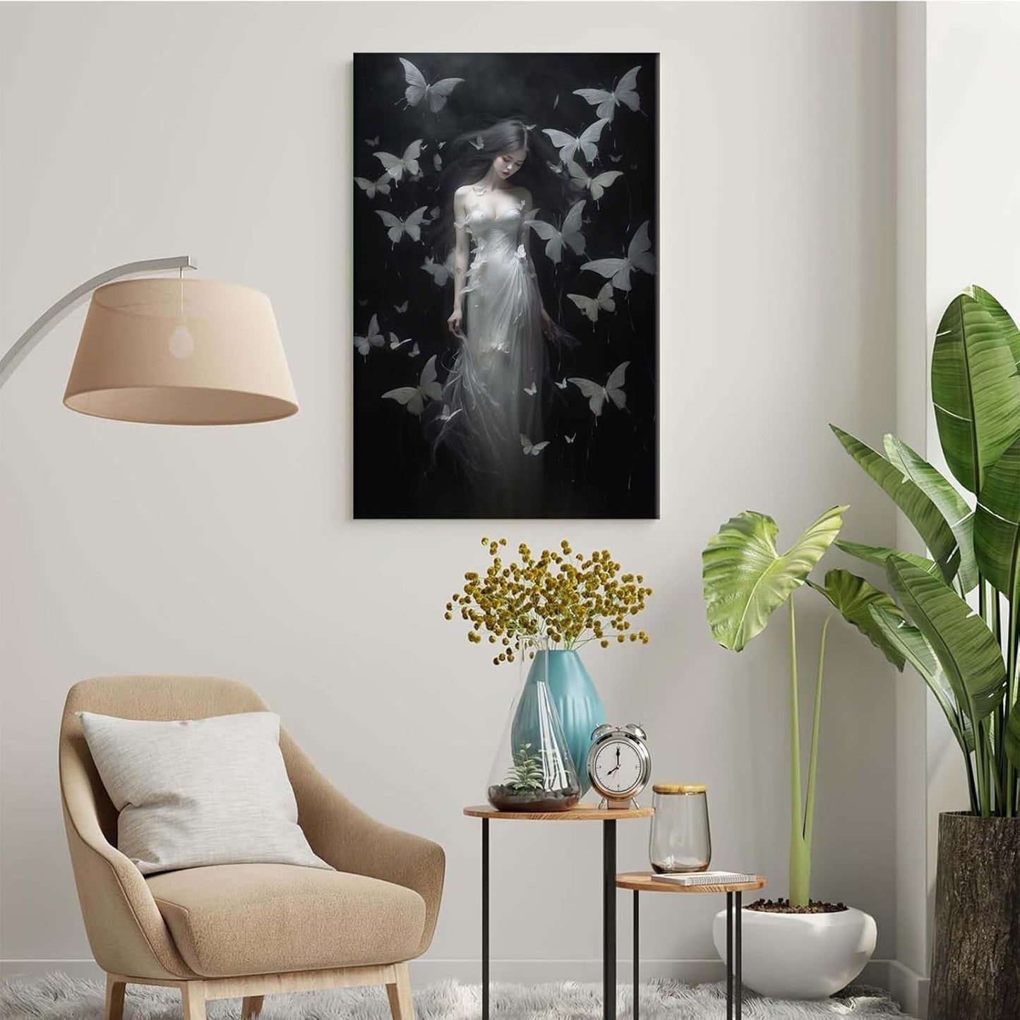 Vintage Gothic Feminine Canvas Wall Art Print Butterfly Poster Moody Female Wall Art Retro Artwork Dark College Decor for Home Bedroom24x36in Wood Framed