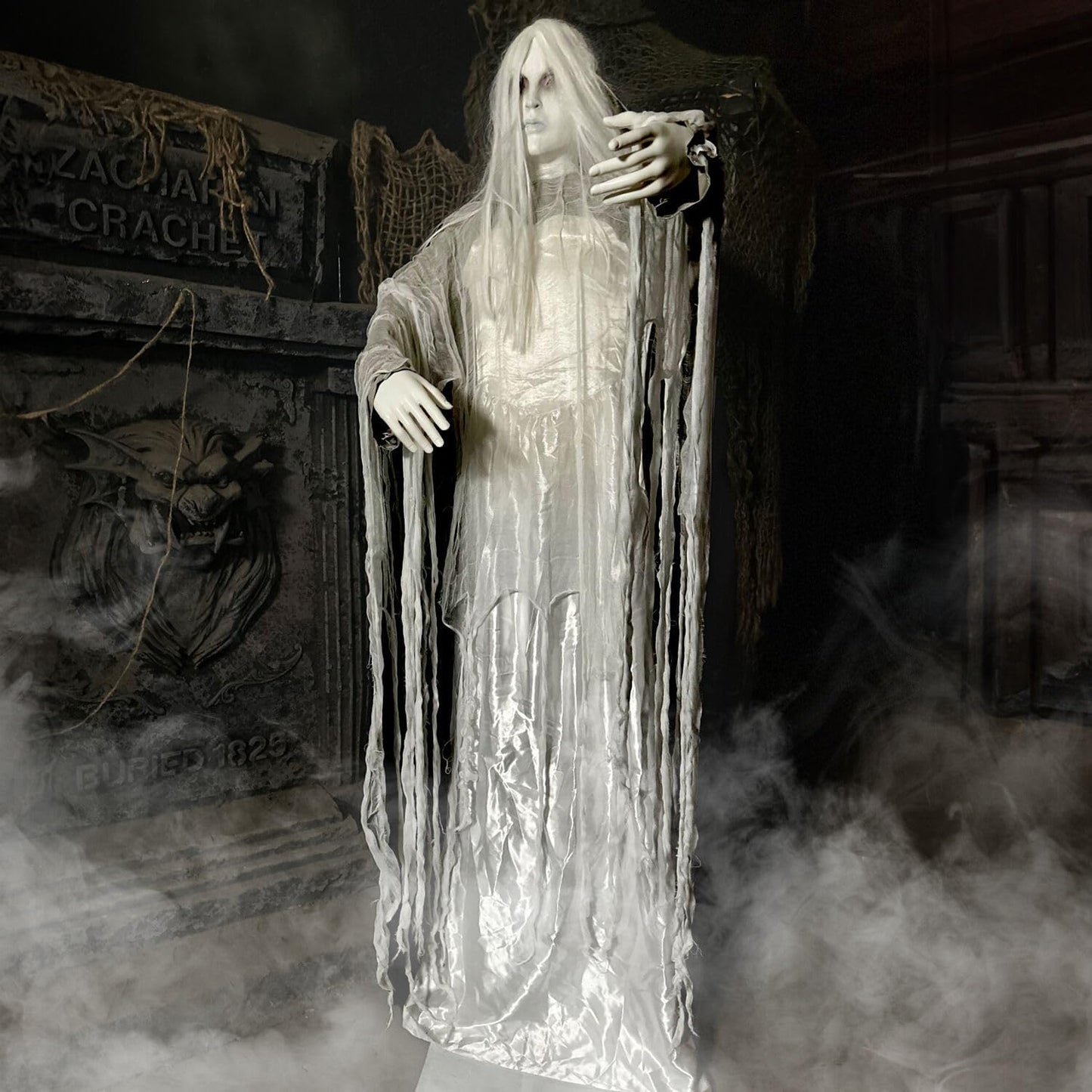 Haunted Hill Farm Rising Ghost Woman by Tekky, Battery-Operated, Sound Activated Animatronic with Sound Effects for Indoor or Covered Outdoor Creepy Halloween Decoration