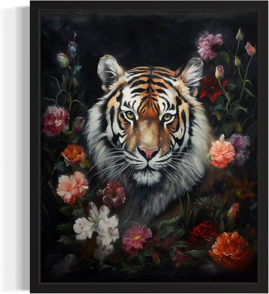 Tiger and Flower Poster Art Print, Halloween Scary Vintage Wall Art Academia Spooky Painting Decoration for Horror Prints, Gothic Posters Bedroom Decor 89 (Tiger and Flower, 8 x 10 inches, Black Frame)