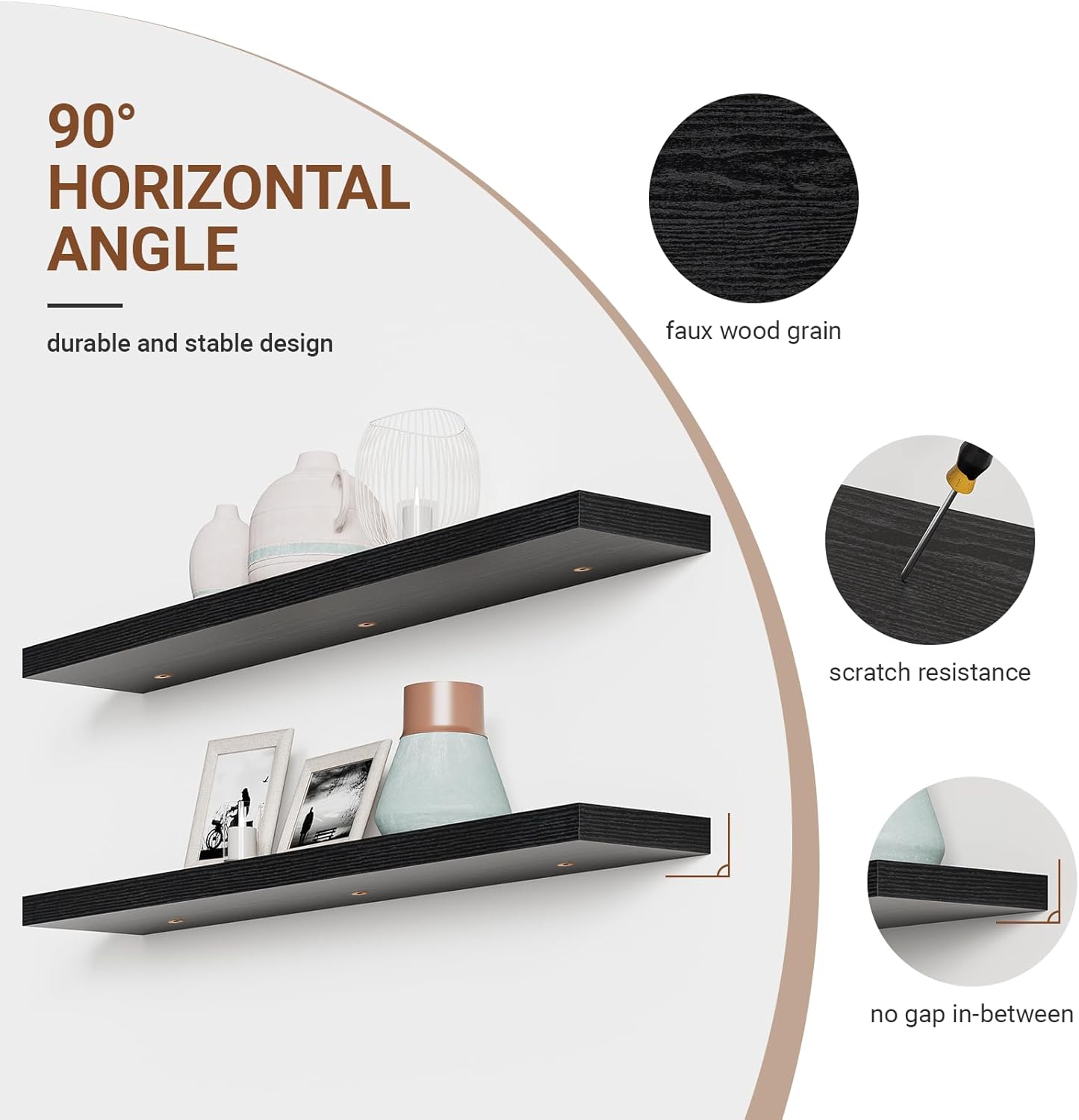 Heimlove Floating Shelves for Wall 48 Inches Long,9.3" Deep Black Floating Shelf Set of 2,Wall Mounted Wood Shelves for Bathroom Bedroom Living Room Kitchen Office,Shelf for Books Storage Room Decor