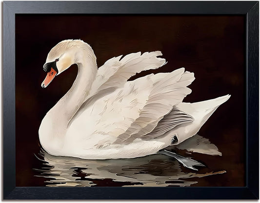 Black Wood Framed Wall Art Canvas Print Home Decor, Vintage Swan Aesthetic Wall Decor Photo, Classical Grace Swan Bathroom Prints Painting for Living Room Bedroom Office Decor 16x24 Inch