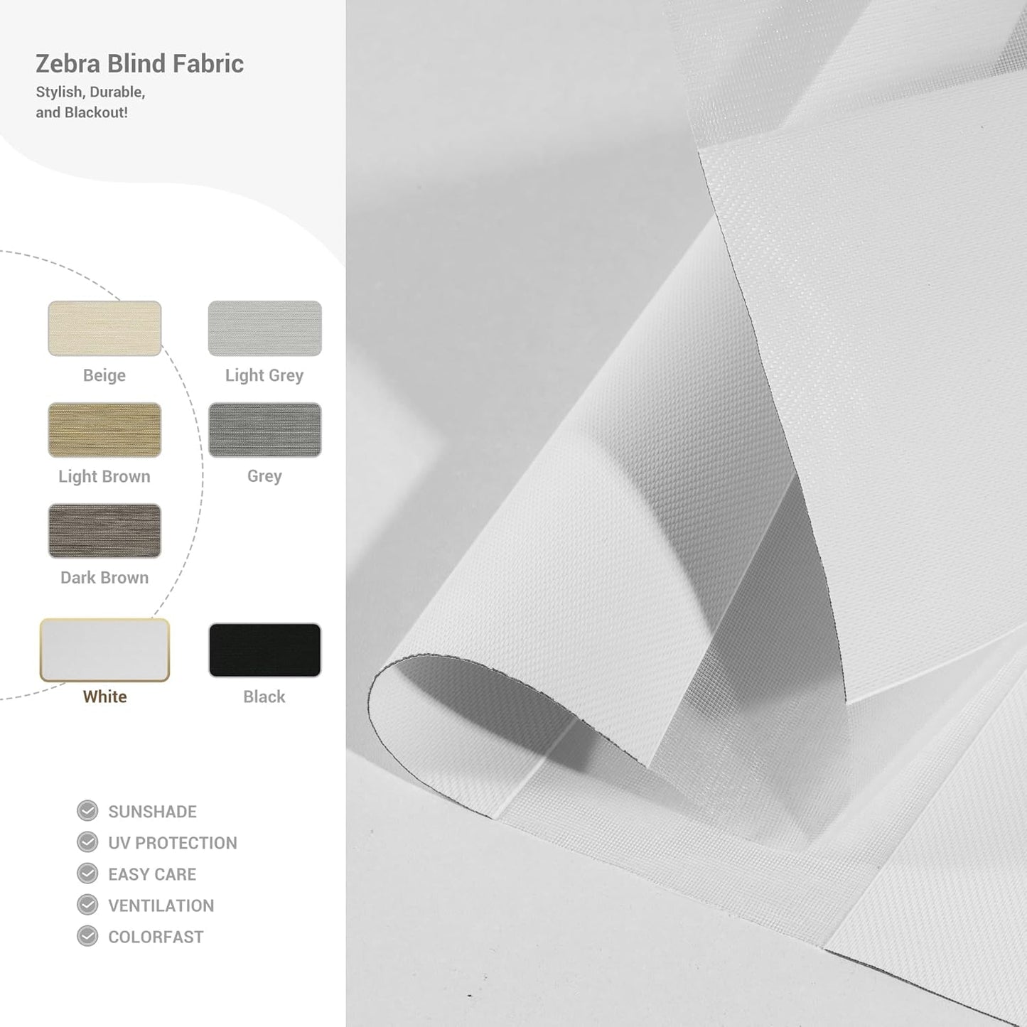 Cordless Zebra Blinds for Windows, Blackout Interior Blinds,Easy to Install,UV Protection,for Offices and Home,Custom Roller Shades, Solid White, 60" W x 64" H