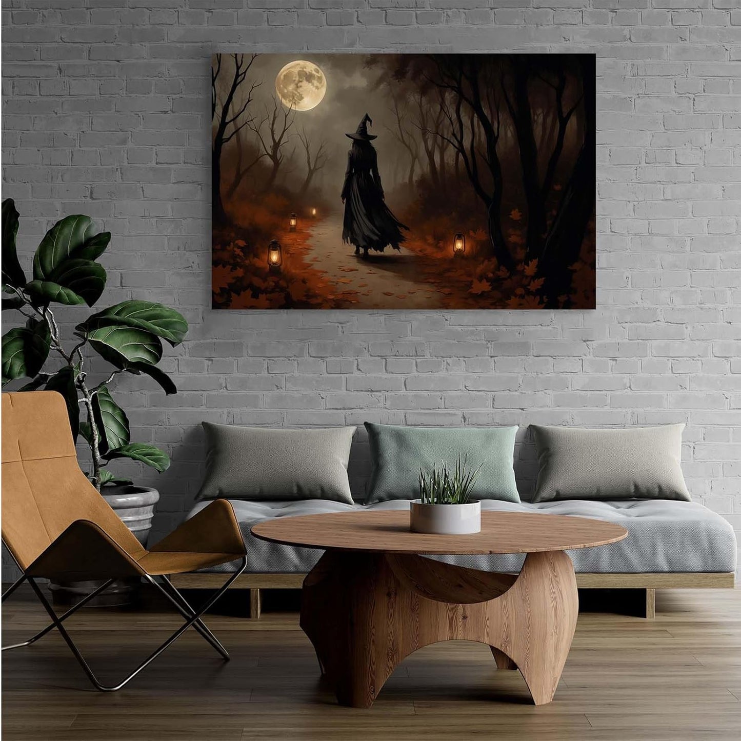 Moonlight witch poster dim lantern Halloween decoration Gothic style dark retro college style canvas wall art suitable for living room bedroom28x40in Wood Framed