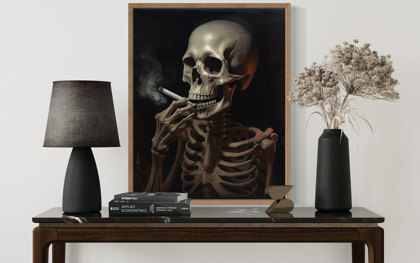 Skull Smoking Ciggarettes Poster Art Print, Halloween Scary Vintage Wall Art Academia Spooky Painting Decoration for Horror Prints, Gothic Posters Bedroom Decor 89 (Skull Smoking Ciggarettes, 8 x 10 inches, Wood Frame)