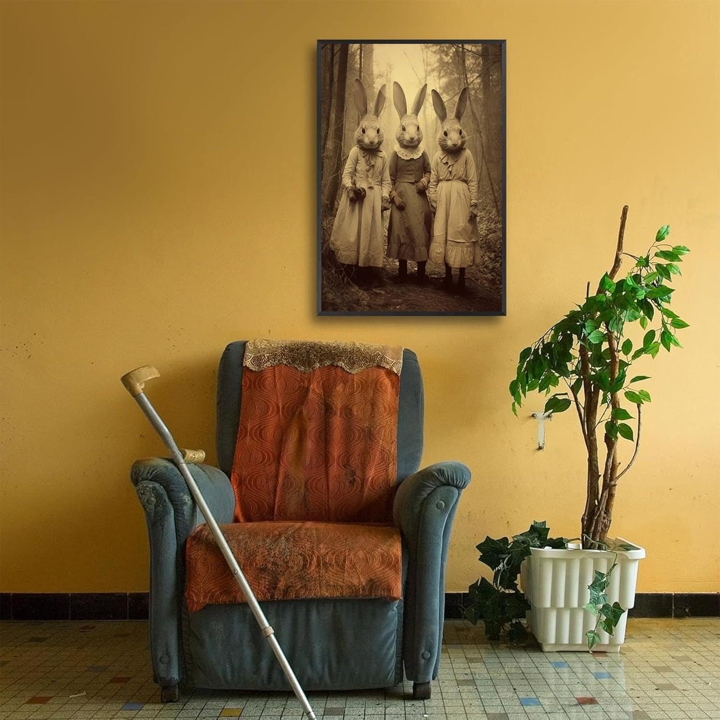 Vintage Horror Spooky Three Rabbits In Occult Forest Spooky Canvas Wall Art Poster Gothic Dark Academia Decorations Room Creepy Print Retro Halloween Wall Decor 16X24inch Aluminum Framed