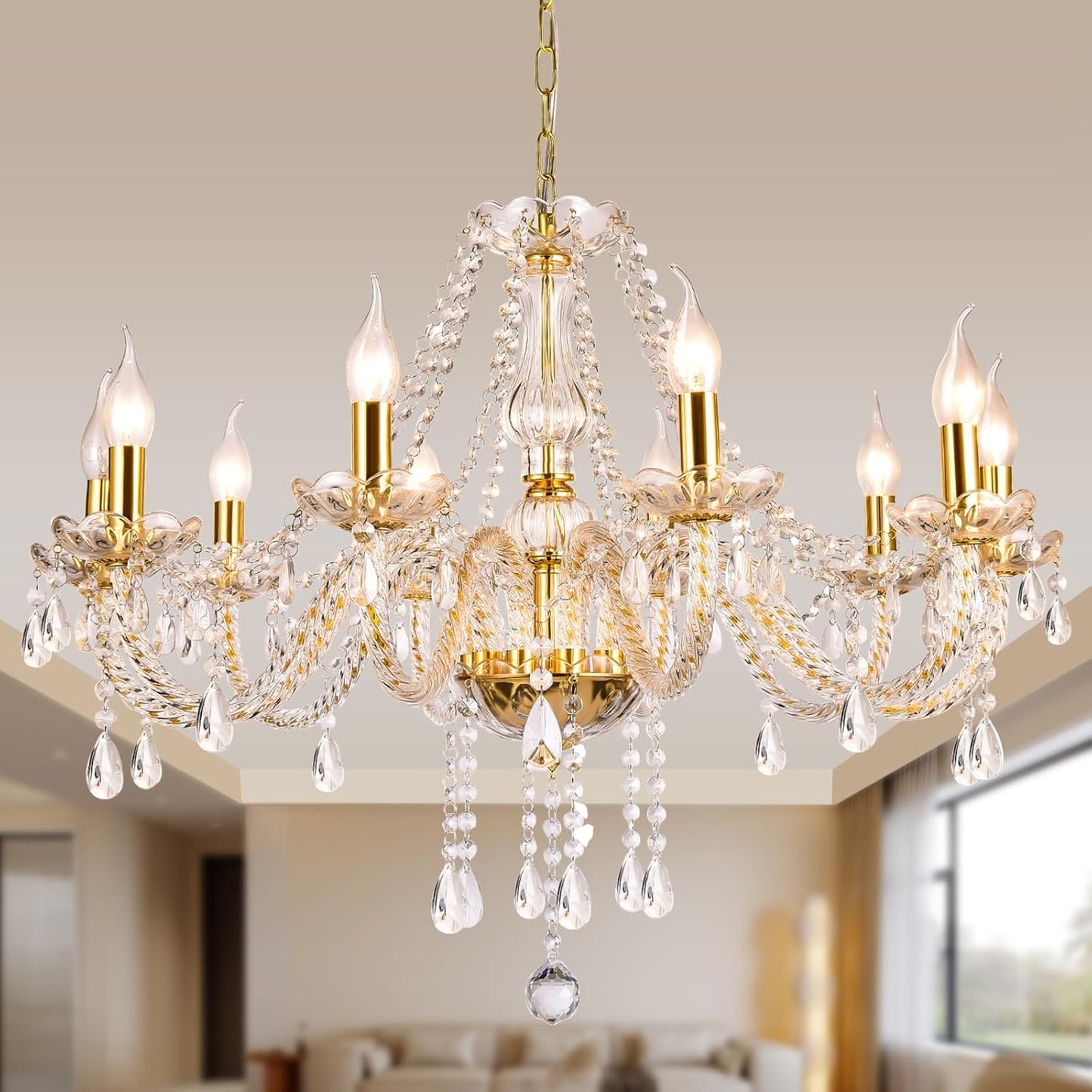 Modern Elegant 10 Lights K9 Crystal Glass Chandelier Golden Pendant Ceiling Lighting European Style for Dining Living Room Bedroom Transparent, 10 E12 Bulbs Required