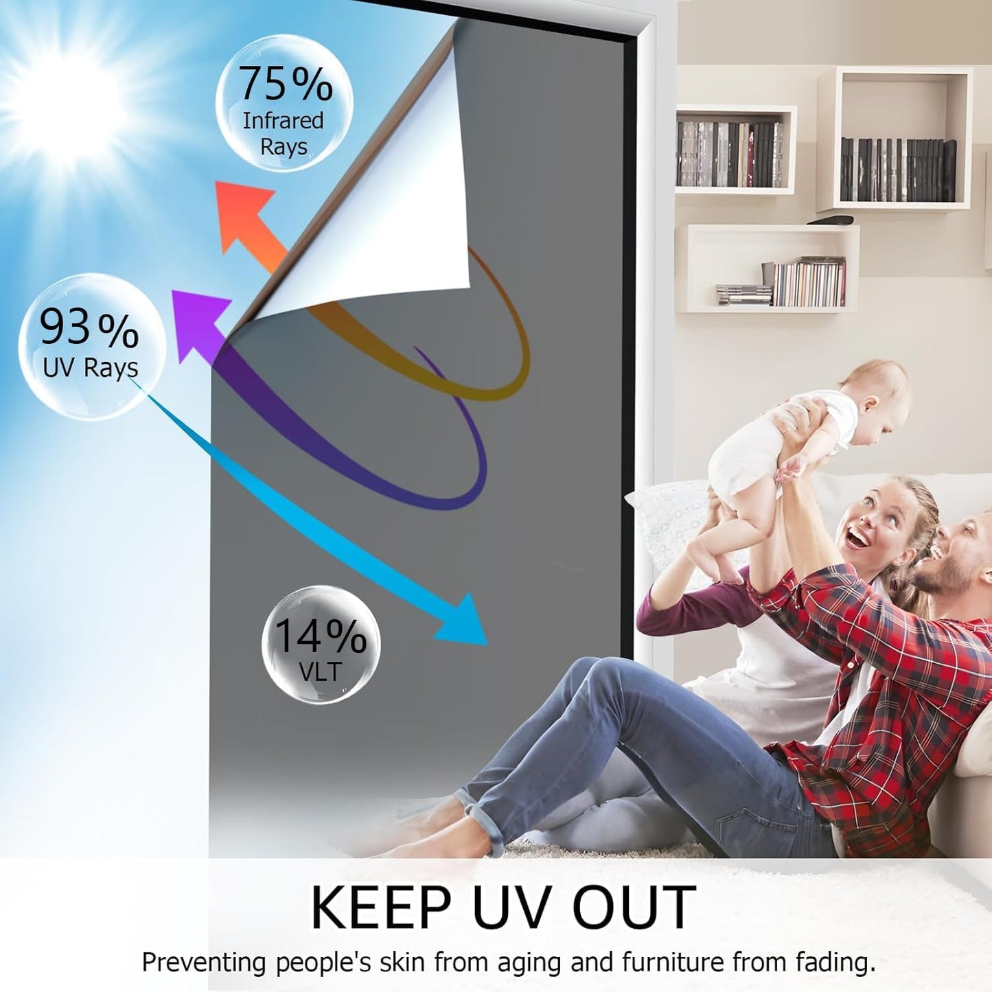 HIDBEA One Way Window Film, Daytime Privacy Sun Blocking Reflective Window Film No Glue Static Cling Heat Control Window Tinting Film for Home and Office, Black Silver, 29.5 x 157.5 Inch