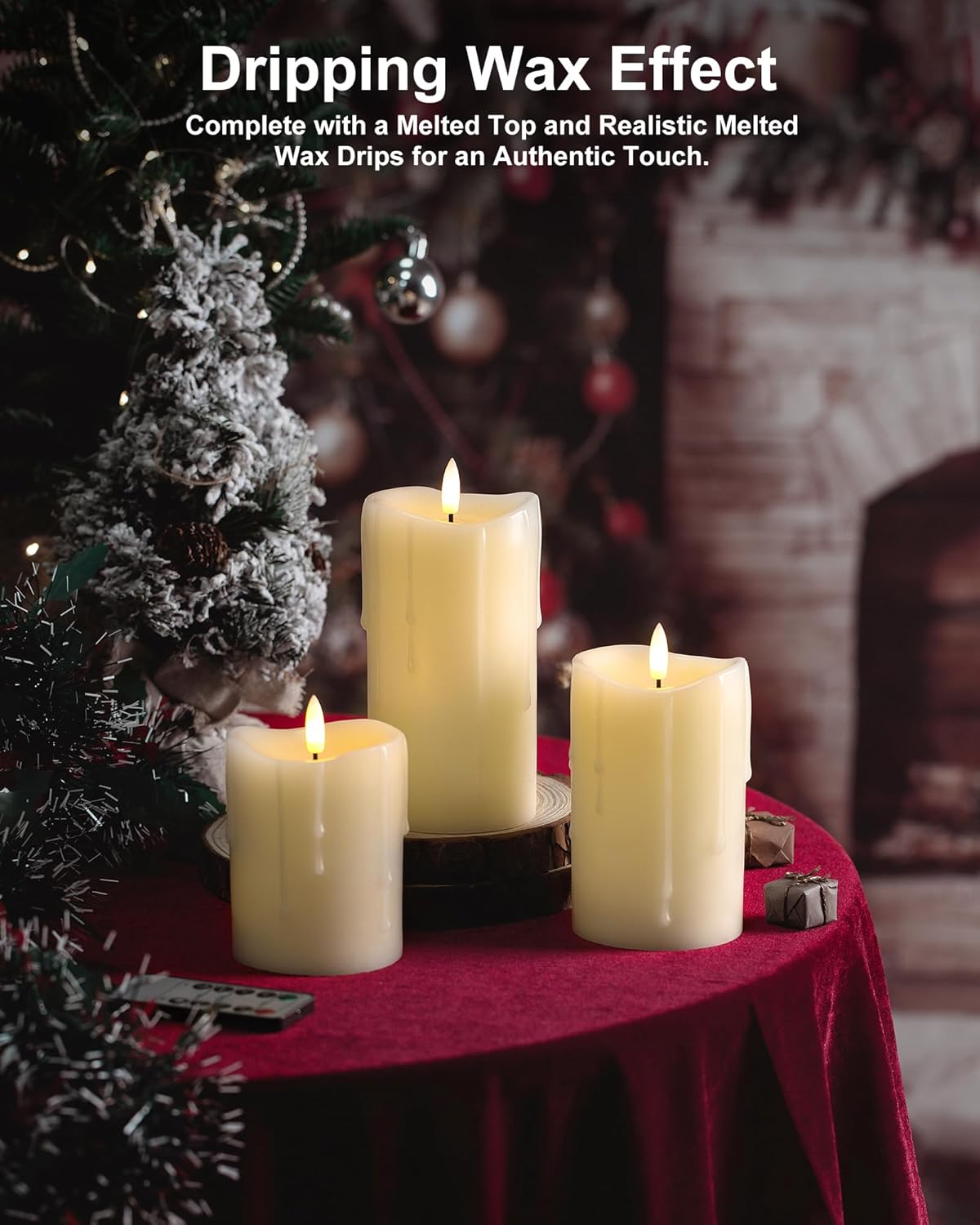 Ivory Flameless Candles with Remote and Timer, Real Wax Made Wax Drip LED Pillar Candles Battery Operated with 3D Flickering Flame Melted Top - 3" x 4", 3" x 5", 3" x 6" - Set of 3