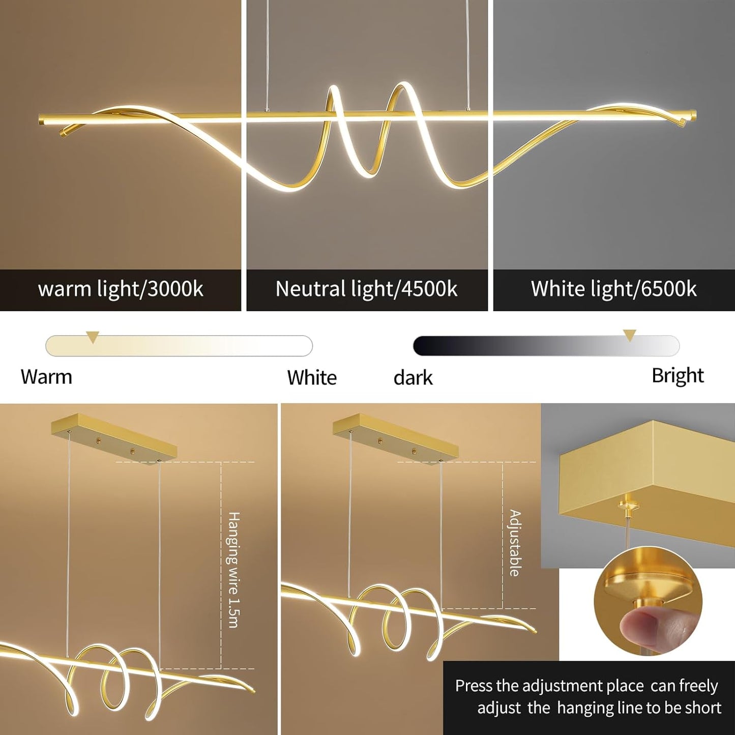 Modern Design Dimmable Desk Linear Pendant Light, with Remote Control Dimmable 3 Color Mode & Brightness Ceiling Lamp, Anti-Flicker Dining Light Fixture for Kitchen, Dining Room (Gold, 47IN)