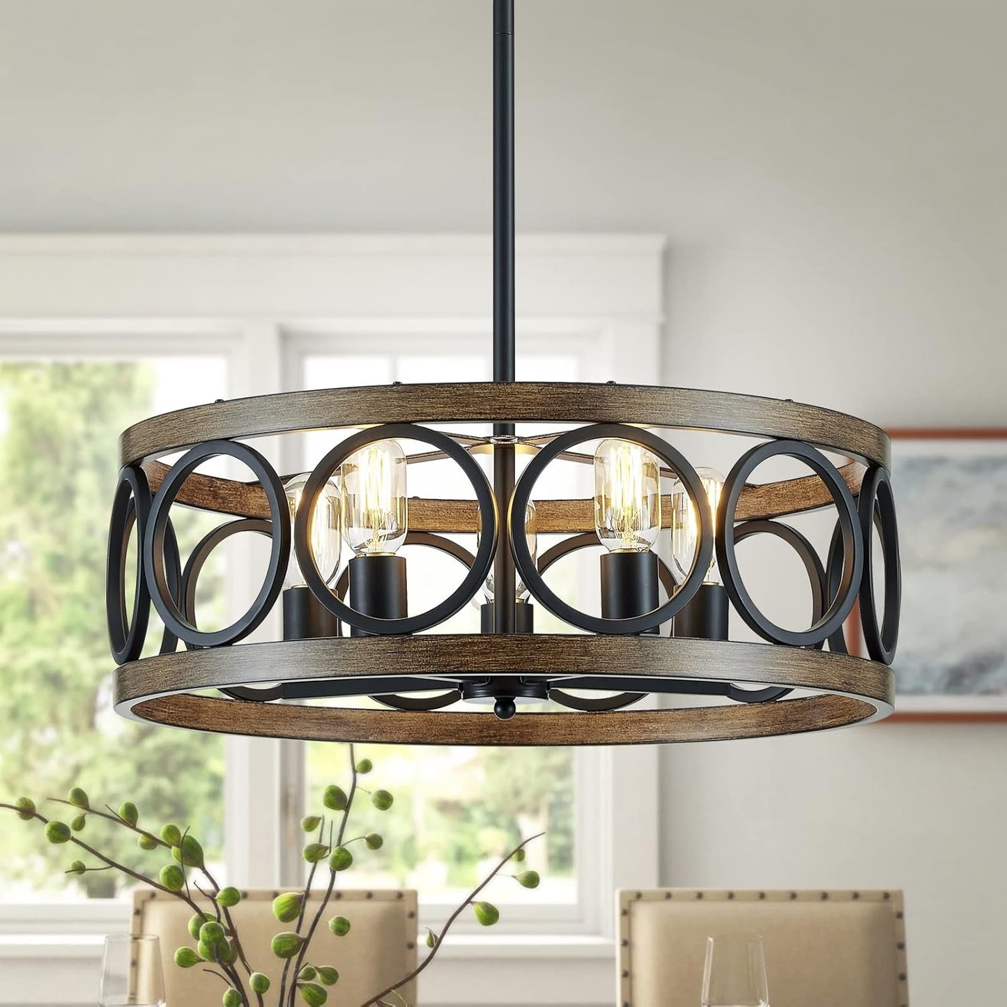 XINGQI 21.7'' Modern Chandelier, Farmhouse Drum Chandeliers for Dining Room Living Room Bedroom 5-Light Pendant Lighting Round Black Metal Antique Wood Grain Finish Adjustable