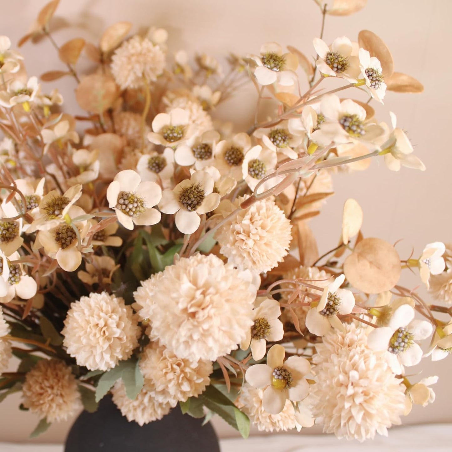 Beige Silk Flower Arrangements For Home Decor, Large Floral Centerpieces For Tables, Fake Mums + Eucalyptus + Wild Flowers in Bulk, Long Stem Artificial Flowers Coffee Dining Table, Faux Mums Flowers