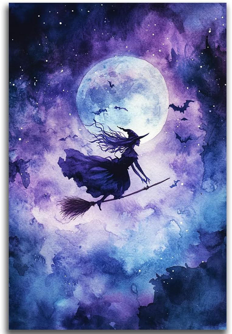 Witch On Broom Flying Wall Art,Gothic Halloween Canvas Wall Art,Victorian Witch Silhouette In Moonlight Broomstick Poster Pictures,Creepy Halloween Purple Night Sky Print,20"x30" Unframed