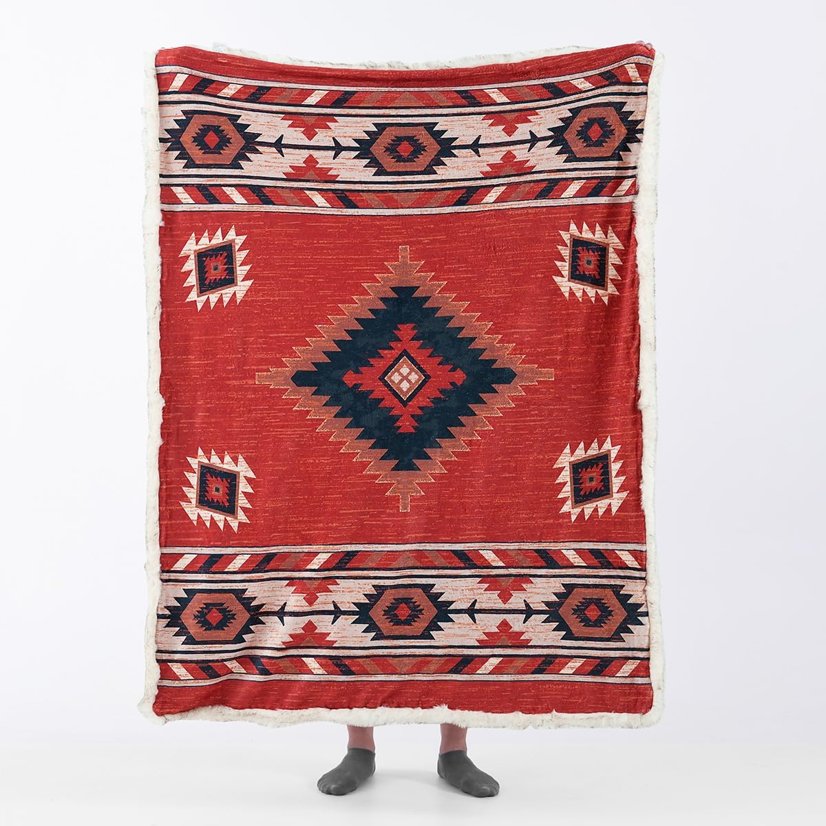 Luxury Plush Faux Fur Throw Blanket with Aztec Pattern, Super Warm, Fuzzy, Elegant, Fluffy Decoration Blanket for Couch, Armchair, Sofa and Bed, 60''x 80'', Red