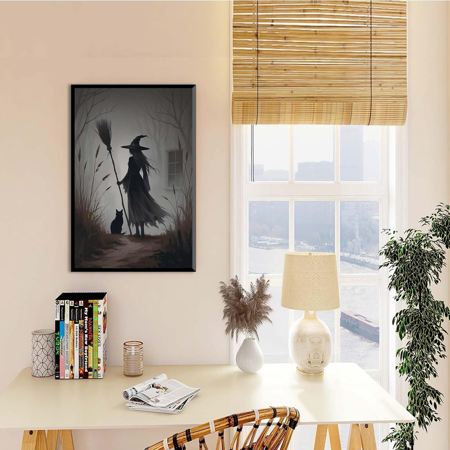 JFHCQJPK Vintage forest witch and black cat poster Halloween mural poster decoration mural art magic suitable for home living room bedroom12x16in Metal blackFramed