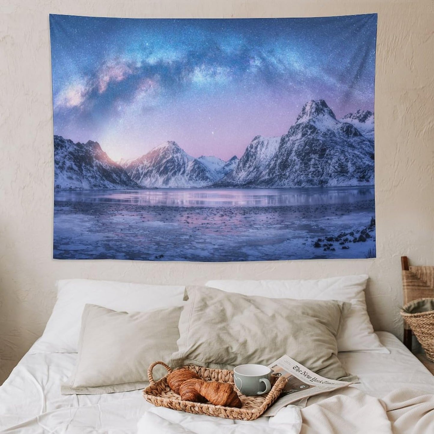 HZOHNAGO Mountain Tapestry Aurora Snow Mountain Sunset Pattern Printed Wall Tapestry Wall Hanging for Bedroom Living Room Dorm 80" W x 60" H