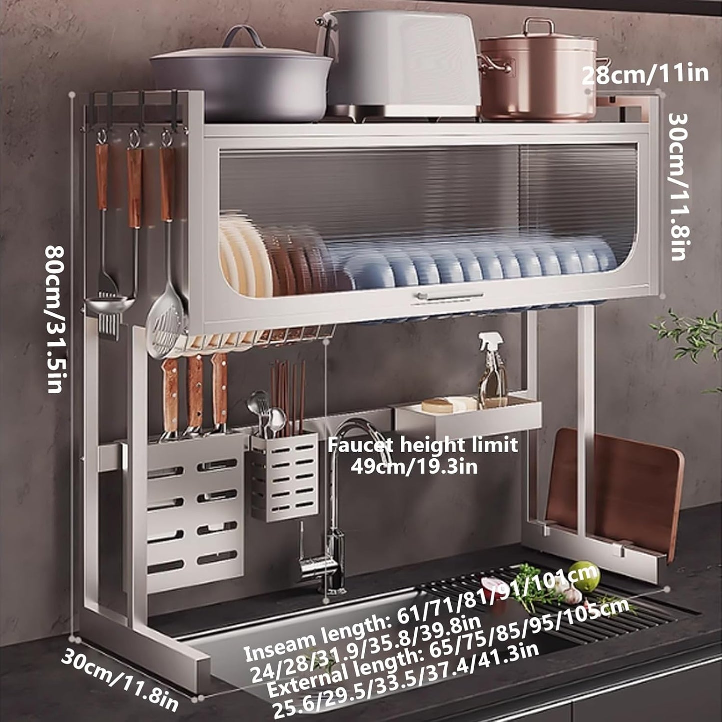 Home Furnishing Dish Rack Over Sink Stainless Steel Over The Sink Dish Drainer Drying Rack Space Kitchen Sink Rack Multifunctional countertop Dish Storage Rack Sink(Metallic,85cm/33.5in)