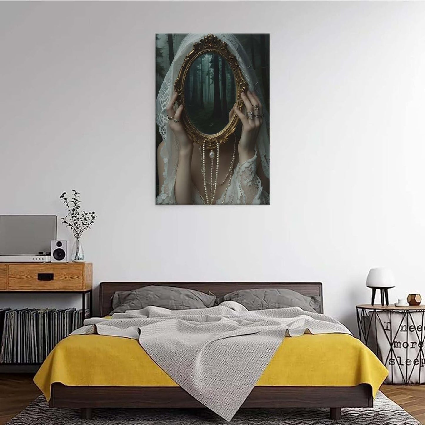 Mirror face covering dark art poster print melancholy gothic painting vintage feminine print victorian style decoration antique art28x40in Wood Framed