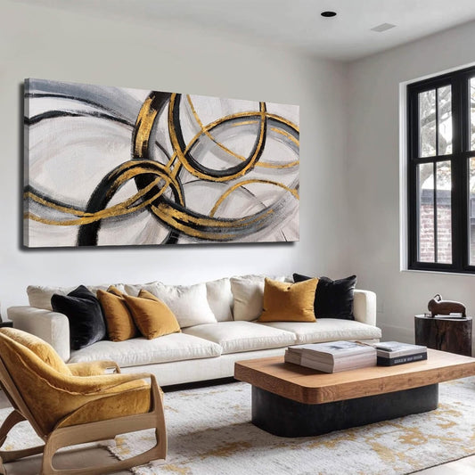 SOUGUAN Living Room Decor for Wall Abstract Wall Art 30x60in Black and Gold Wall Art Round Ring Wall Decoration for Bedroom Dining Room Home Office Ready to Hang