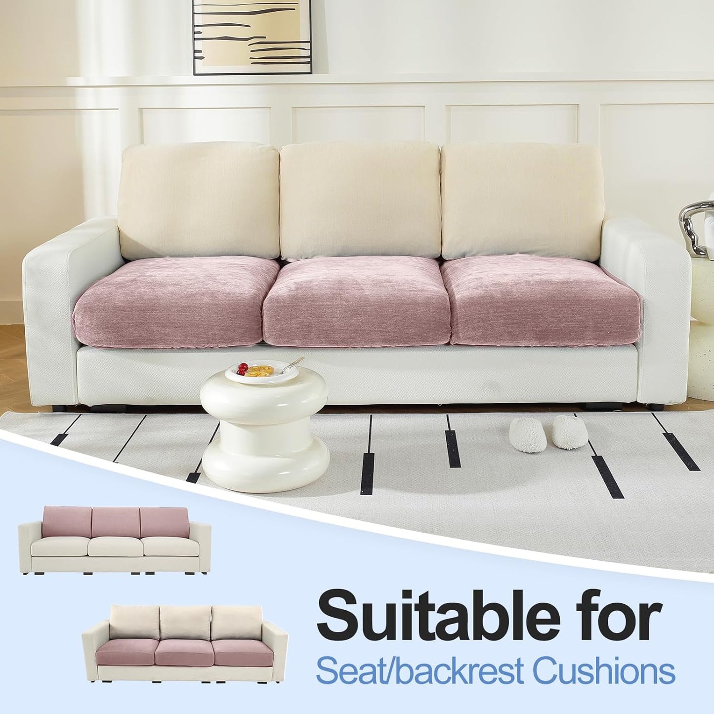 Large Backrest Cushion Covers Super Stretch Backrest Covers for 3 Cushion Couch Sofa, Couch Back Cushion Covers Featuring with Chenille Yarn (Softer Version, 3PC, Pale Pink)