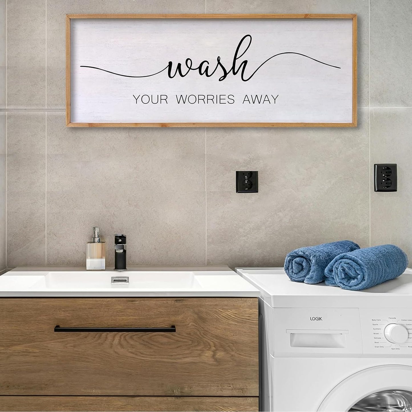 Wash Your Worries Away Bathroom Wall Art 24×10 Inch Wood Framed Decor Funny for Laundry Room Restroom Modern Rustic Inspirational Sign (Wood)