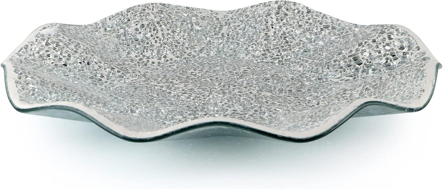 MDLUU Mosaic Centerpiece Tray, 11.6" Decorative Glass Plate, Home Decor Glass Bowl for Dining Room Table, Coffee Table, Gift (Silver)