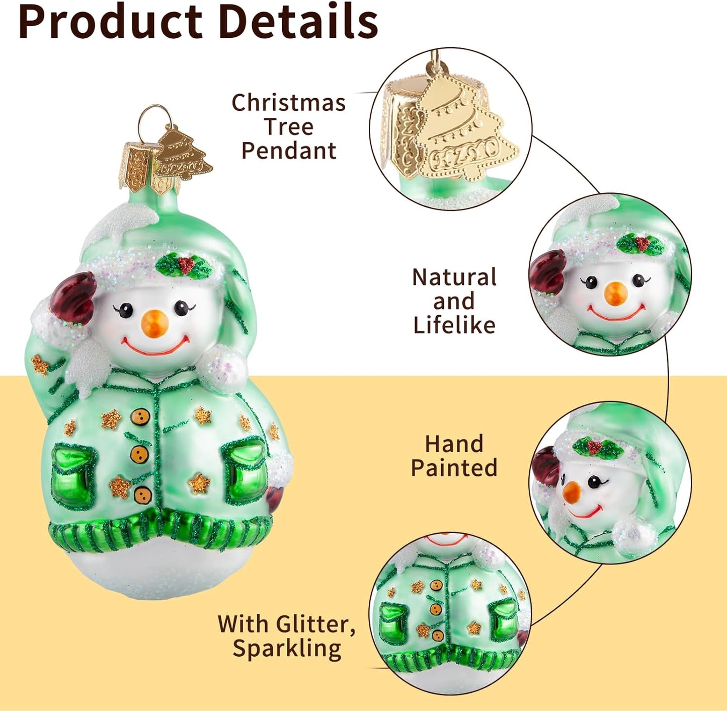 Snowman Christmas Ornaments,Glass Blown Ornaments for Christmas Tree,Green Snowman Collection Figurine Hanging Ornaments,Christmas Decorations for Xmas Tree Holiday Party Daily Gifts