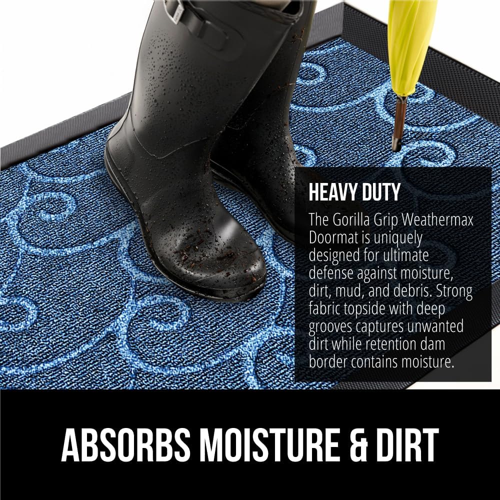 GORILLA GRIP 100% Waterproof All-Season WeatherMax Doormat, 72x24, US Designed Natural Rubber, Stain and Fade Resistant, Low Profile Indoor Outdoor Door Mats, Easy Clean Patio Mat, Ocean Blue Waves