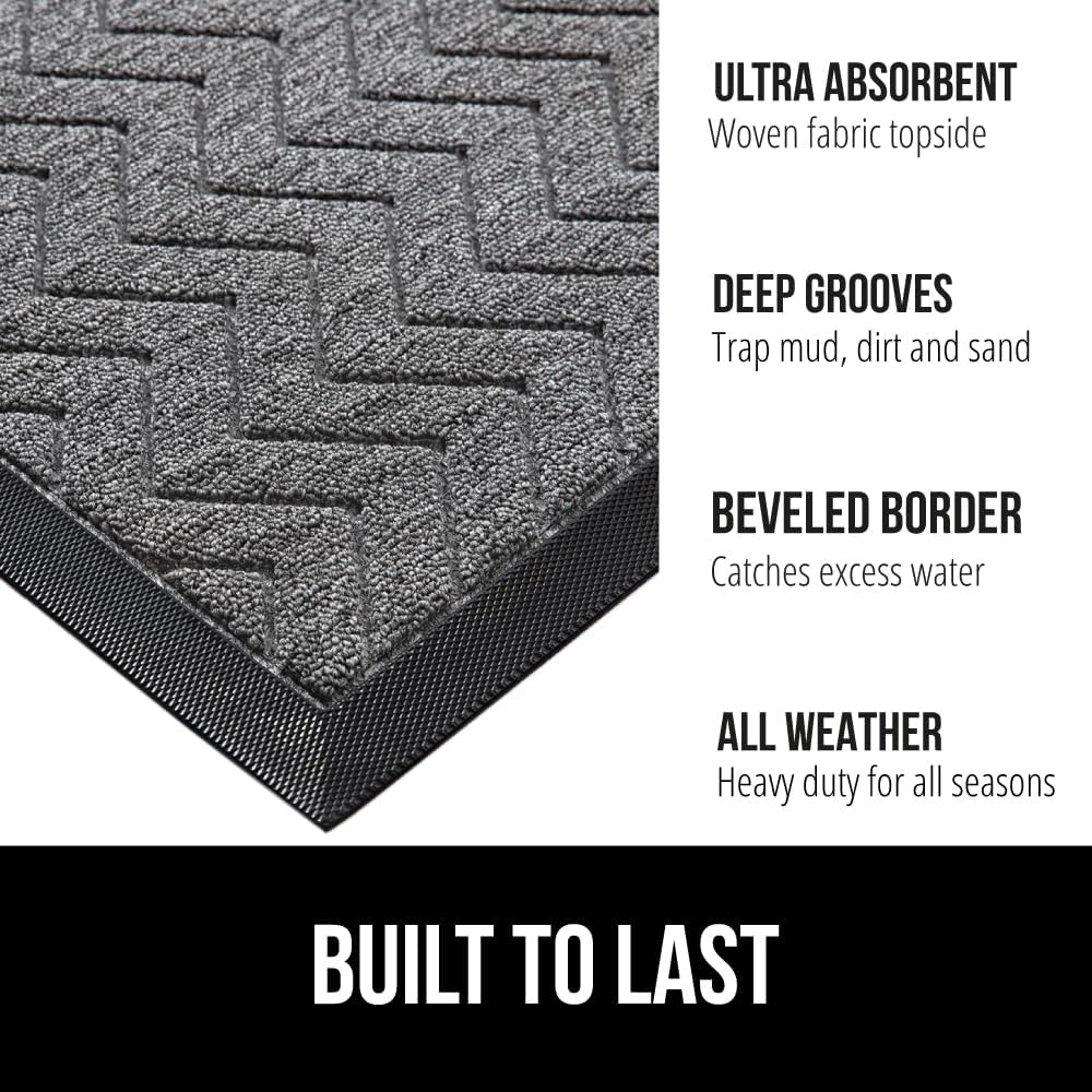 GORILLA GRIP 100% Waterproof All-Season WeatherMax Doormat US Designed Natural Rubber, Stain and Fade Resistant, Low Profile Indoor Outdoor Door Mats, Easy Clean Patio Mat, 17x29, Steel Chevron