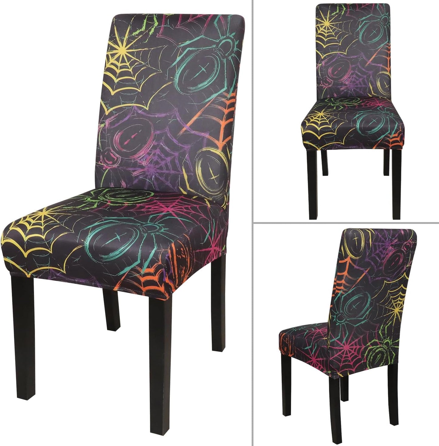 JQinHome Spider Halloween Chair Slipcover,Web Black Chair Covers Set of 4, High Stretch Washable Chair Protector Cover for Dining Room, Kitchen,Home Party,Wedding Ceremony(Spider,4PC)