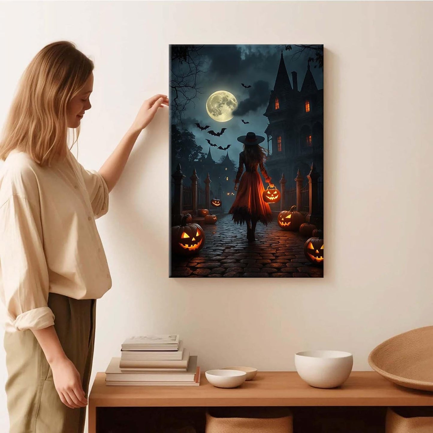 JFHCQJPK Halloween theme poster moonlit autumn night witch vintage poster art print dark college style gothic painting canvas wall decoration bedroom living room ideal gift24x36in Frameless