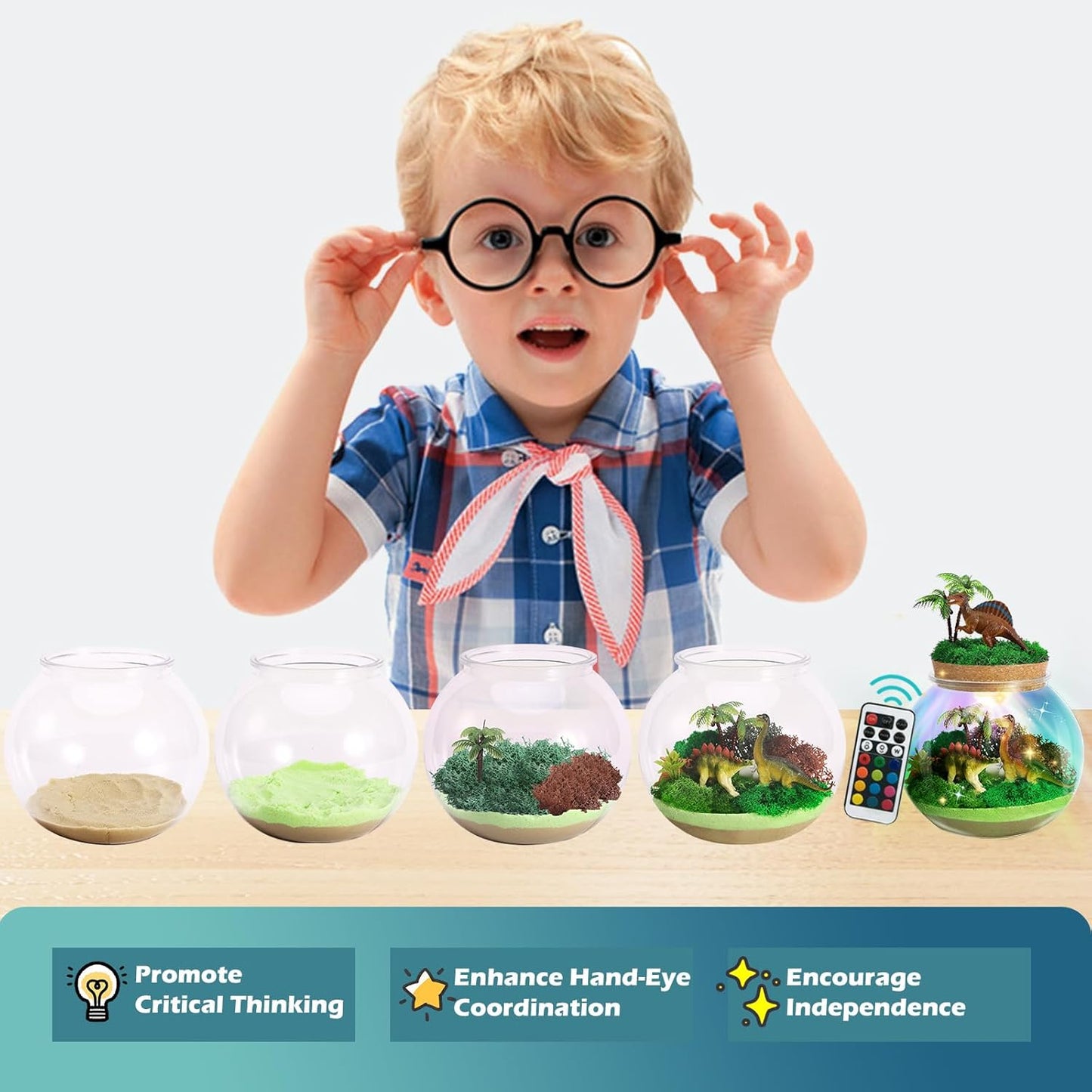 Dinosaur Light-Up Terrarium Kit for Kids- Birthday Gifts for Boys Ages 4 5 6 7 8-12 Year Old- Dinosaur Toys for Boys with Multicolor LED Light & Remote
