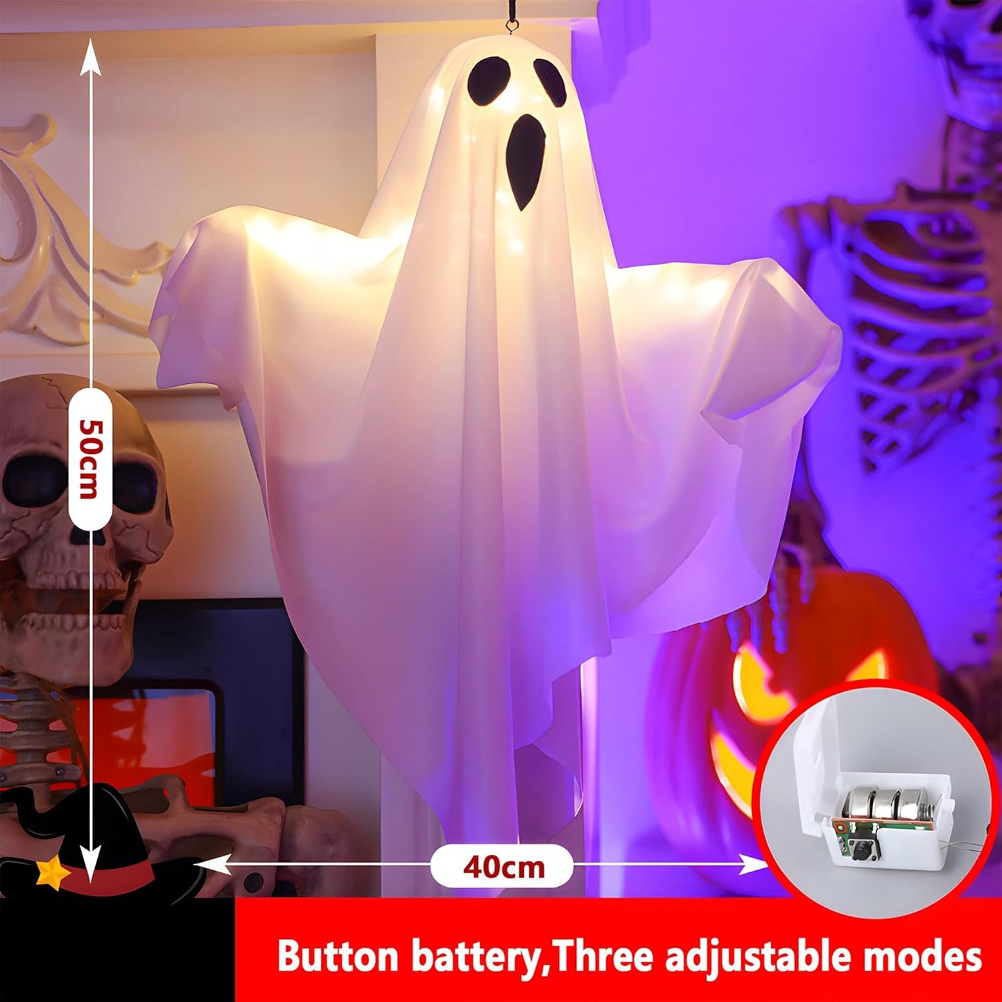 Halloween Light-up Ghost Decorations,Halloween Hanging Flying Ghosts with String Lights,Battery Operated Light up Spooky Ghosts Ornaments for Front Yard, Patio, Lawn, Garden, Party, 19.6 Inch, 2 Pack