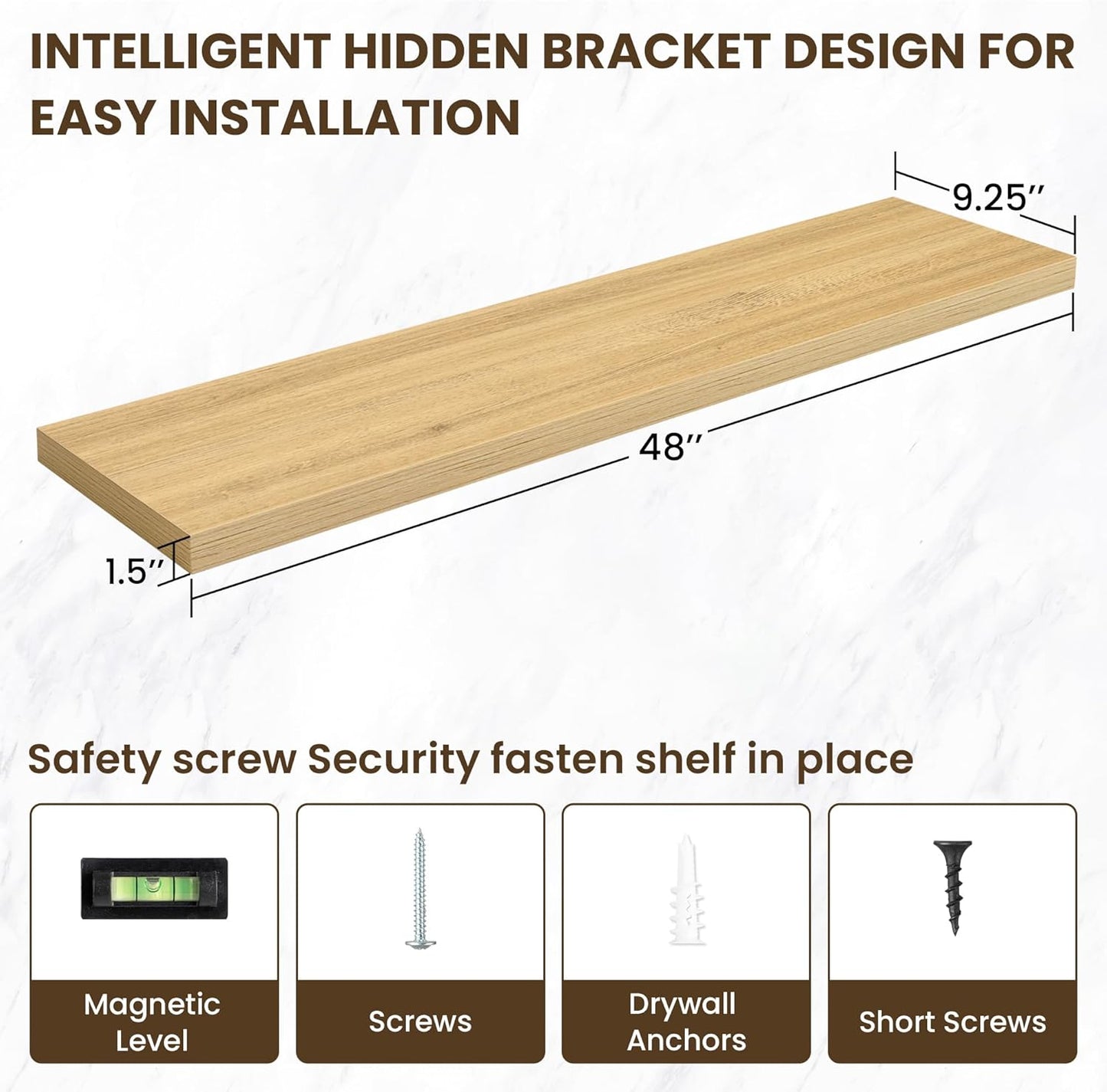 48 Inch Floating Shelves, 12 Inch Deep Floating Shelves for Wall, Large Floating Shelf with Invisible Brackets, Deep Shelves for Bathroom, Bedroom, Living Room, 1 Pack, Natural