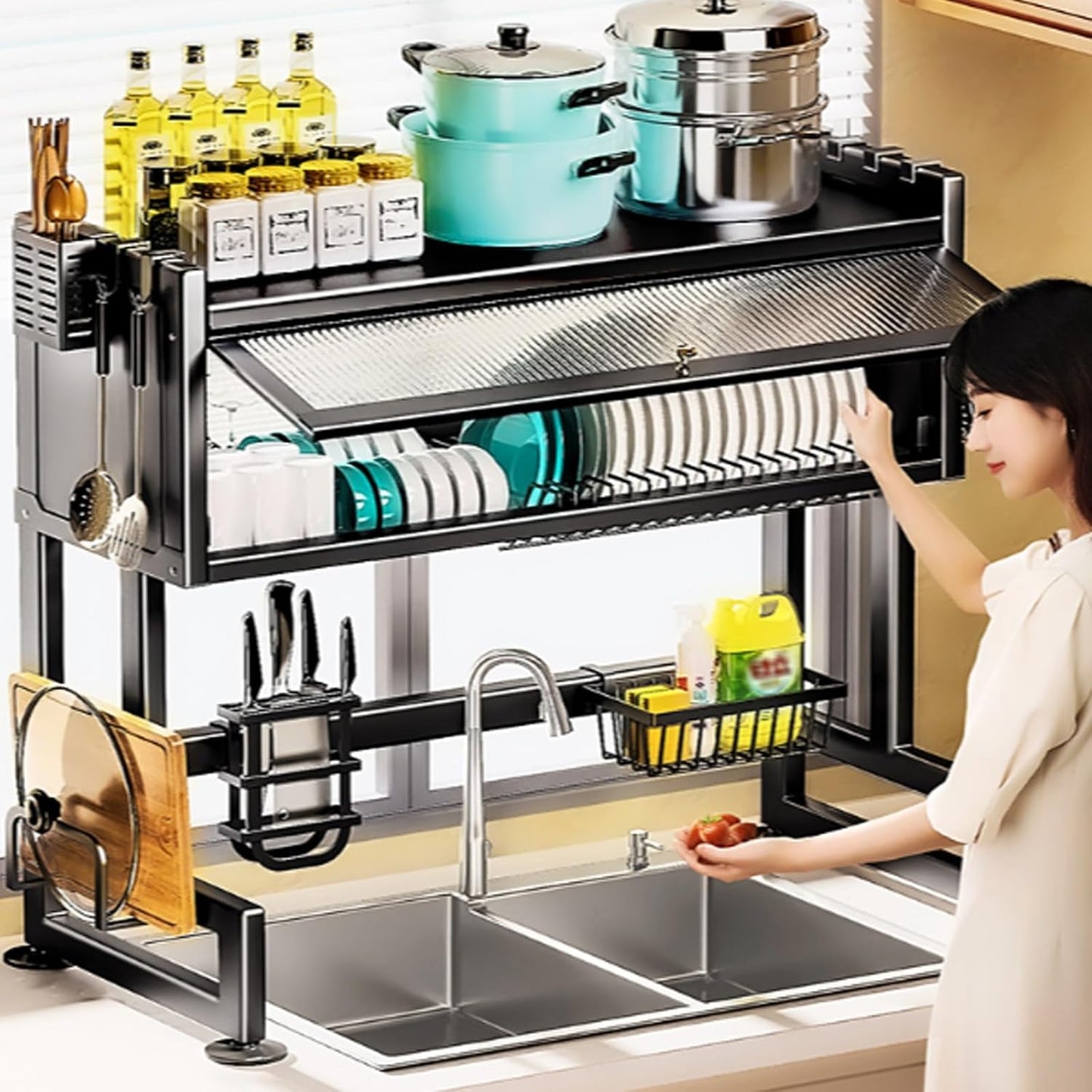 Home Furnishing Over The Sink Dish Drainer Drying Rack 3 Tier Over Sink Dish Rack for,oversink Dish Dry Rack,Space Saving Dish Drying Rack,Kitchen Sink Organizer countertop(Black,95cm/37.4in)